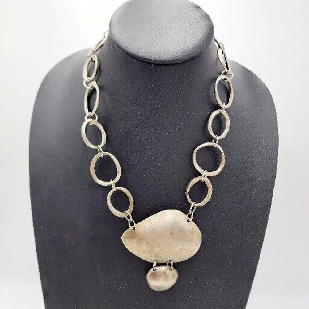 Vintage Norma Jean Matte Silver Tone Modernist Pendant Signed 19” Brutalist